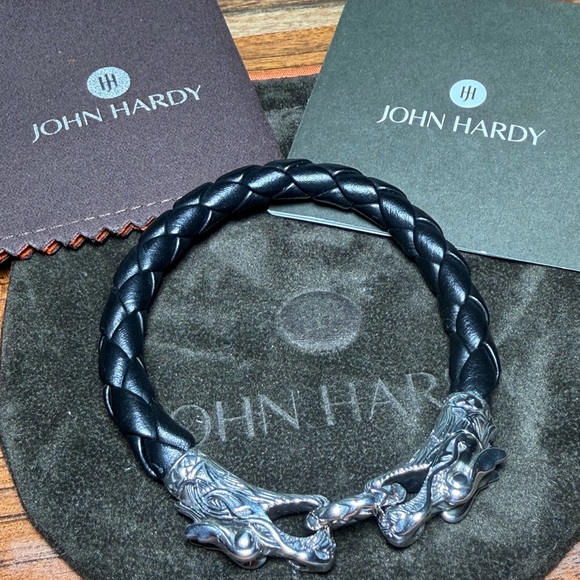 JOHN HARDY Naga SS .925 and Leather Woven Dragon Black Bracelet Hinged Clasp